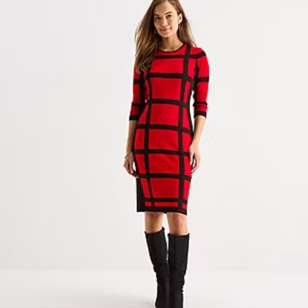 Julian Taylor Grid Print Sheath Sweater Dress Size MEDOUM.NWT